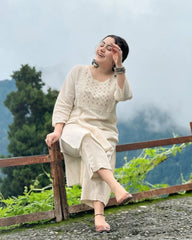 Off White Embroidered Cotton Kurta And Pant Set