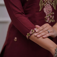 Maroon Embroidered Cotton Kurta and Pant Set with Dupatta