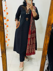 Blue women pure cotton embroidered kurta with pant and dupatta