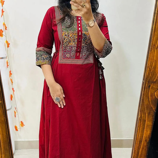 Wine-Red-Heritage-Print-A-Line-Kurta-Set