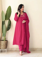 Teal Pink Mirror Work Festive Kurta Set with Tassels for Women