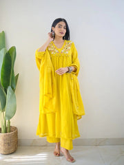 Teal Yellow Mirror Work Festive Kurta Set with Tassels for Women