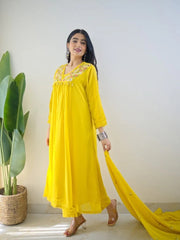 Teal Yellow Mirror Work Festive Kurta Set with Tassels for Women