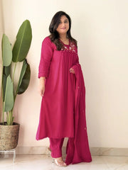 Teal Pink Mirror Work Festive Kurta Set with Tassels for Women
