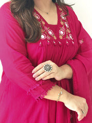 Teal Pink Mirror Work Festive Kurta Set with Tassels for Women