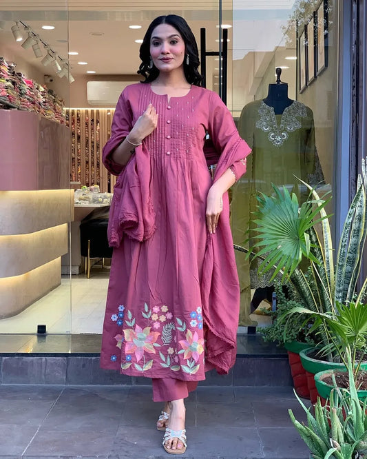 Pink Cotton Embroidery Kurta Pant with Mulmul Dupatta Set