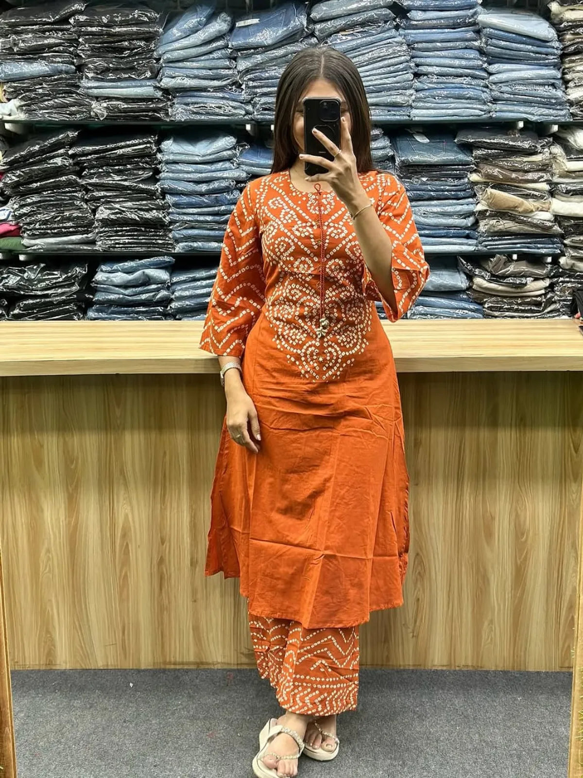 Rust-Orange-Bandhani-Printed-Kurta-Set-with-Palazzo
