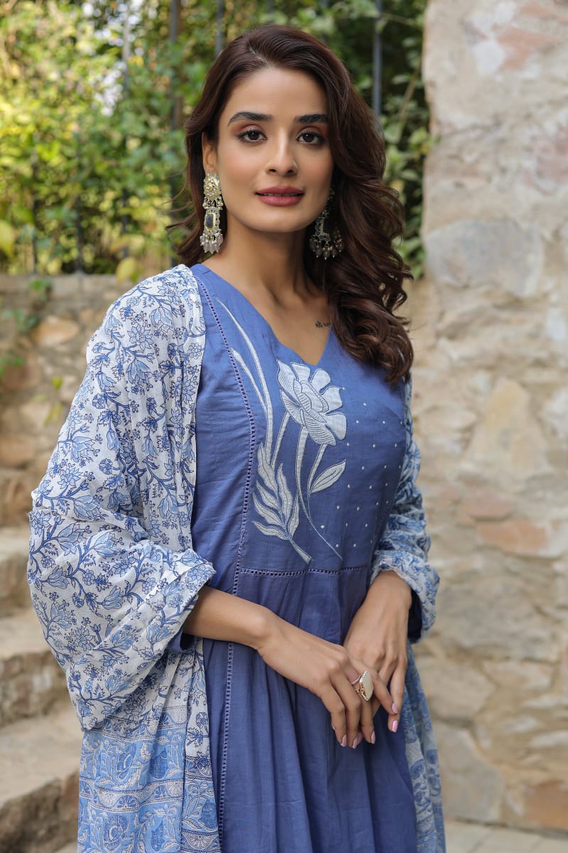 Embroidered Cotton Kurta Suit Set with Dupatta