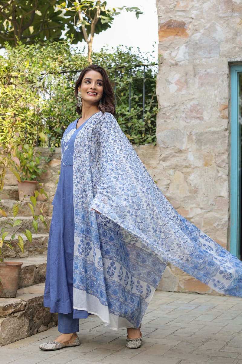 Embroidered Cotton Kurta Suit Set with Dupatta