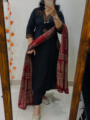 Blue women pure cotton embroidered kurta with pant and dupatta
