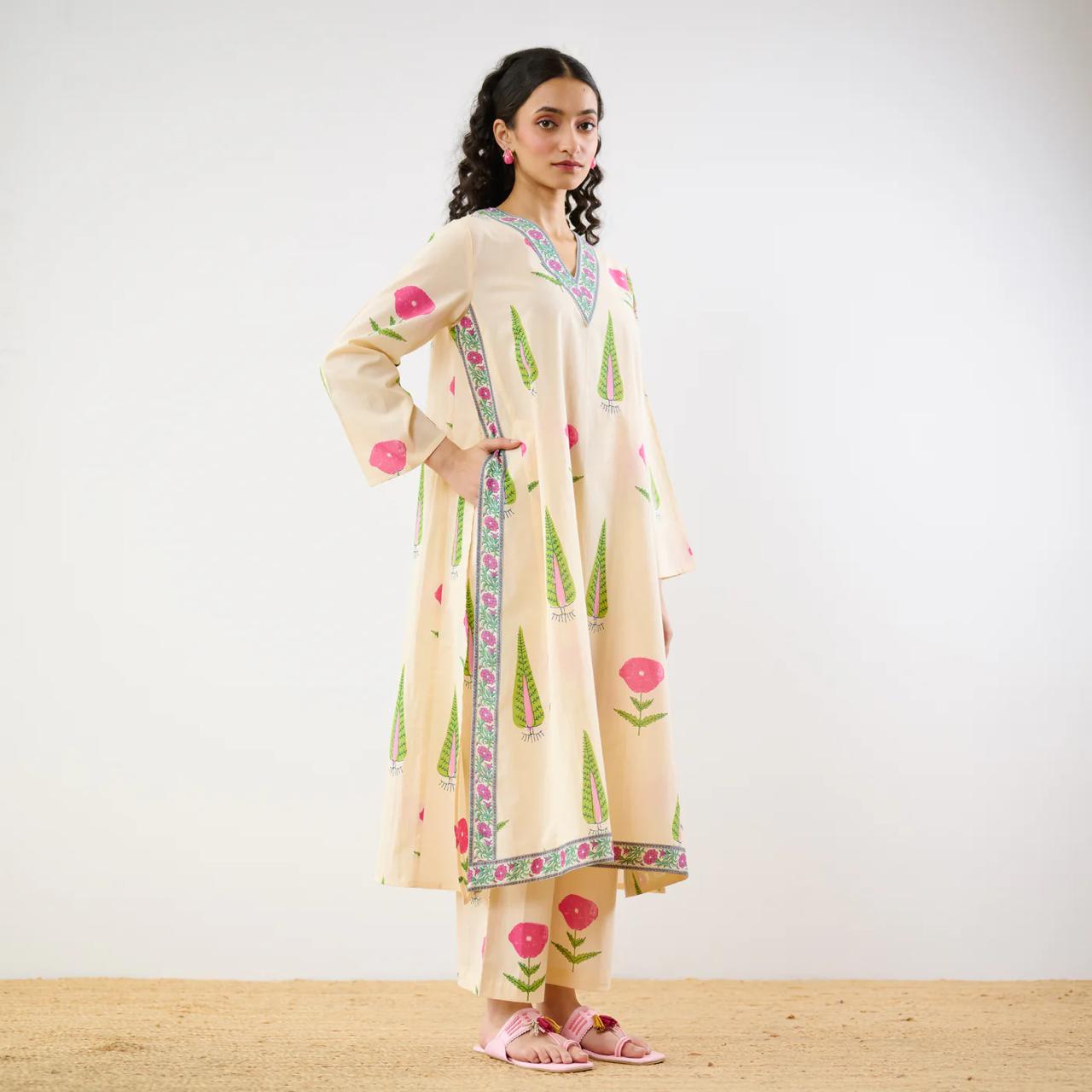 Cream Floral Printed Kurta Set with Straight Pants
