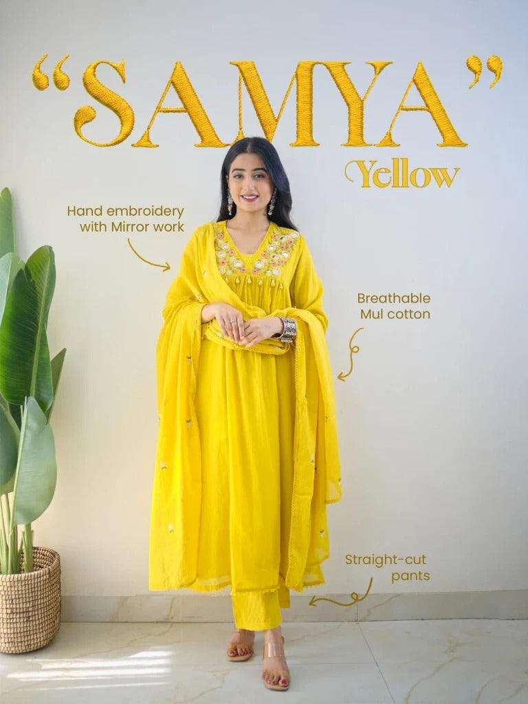 Teal Yellow Mirror Work Festive Kurta Set with Tassels for Women
