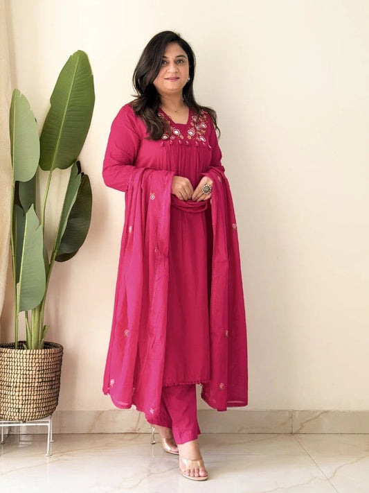 Teal Pink Mirror Work Festive Kurta Set with Tassels for Women