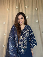 Blue Soft Cotton Bandhej print office Wear cotton Suit