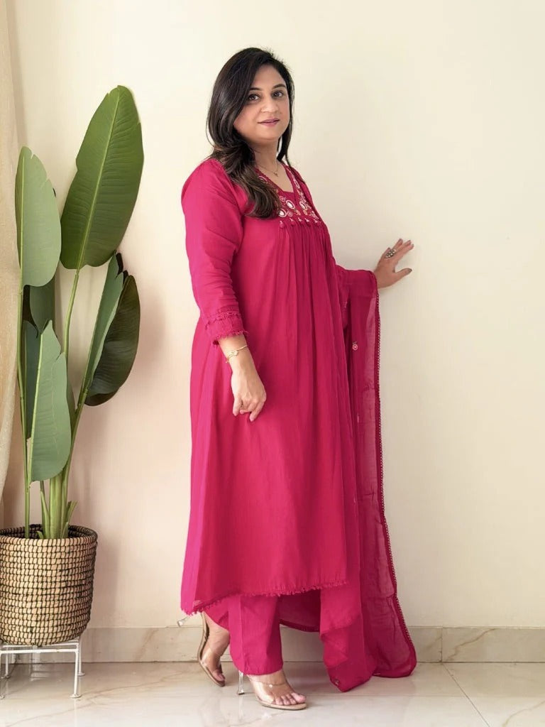 Teal Pink Mirror Work Festive Kurta Set with Tassels for Women