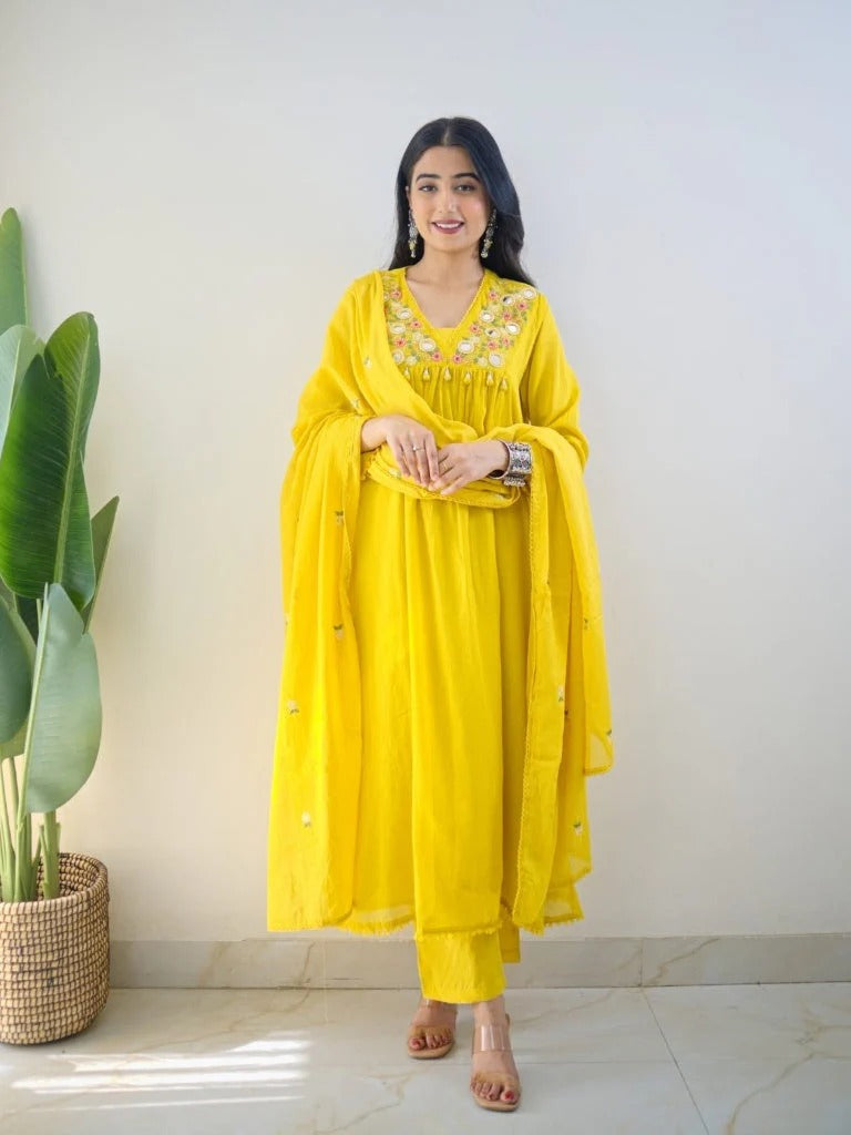 Teal Yellow Mirror Work Festive Kurta Set with Tassels for Women