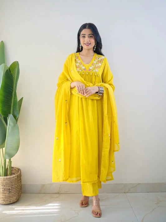 Teal Yellow Mirror Work Festive Kurta Set with Tassels for Women