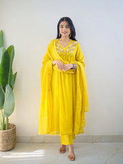 Teal Yellow Mirror Work Festive Kurta Set with Tassels for Women