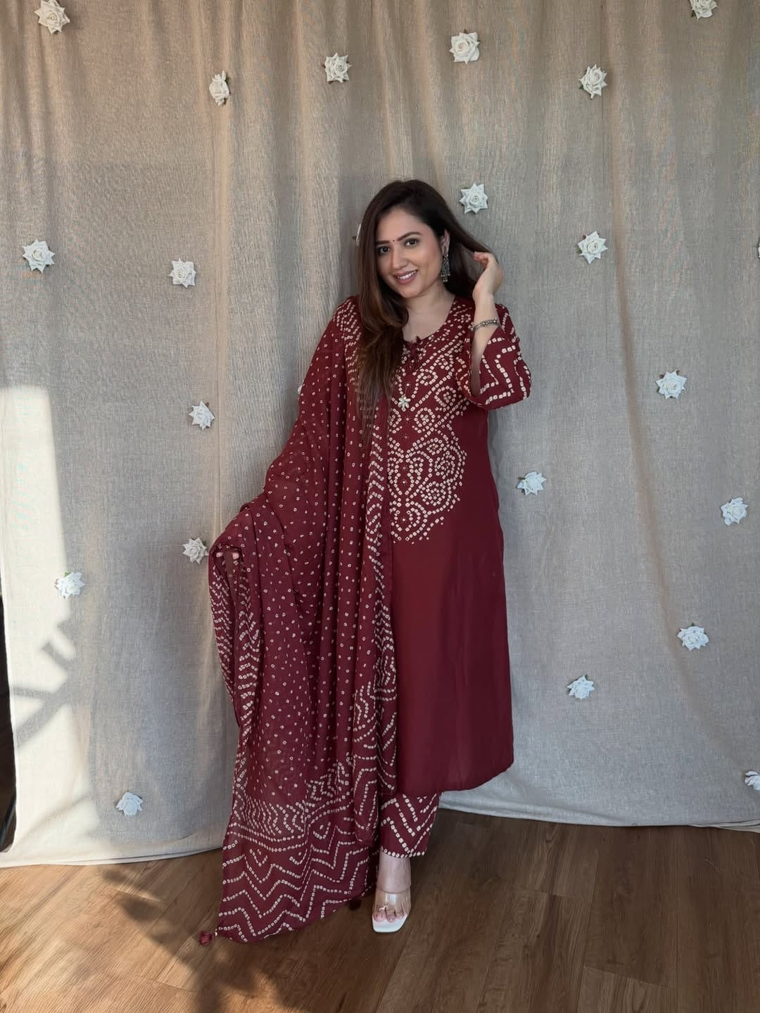 Maroon Soft Cotton Bandhej print office Wear cotton Suit