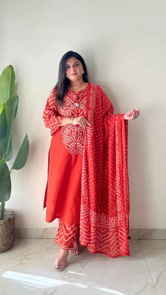 Orange Soft Cotton Bandhej print office Wear cotton Suit