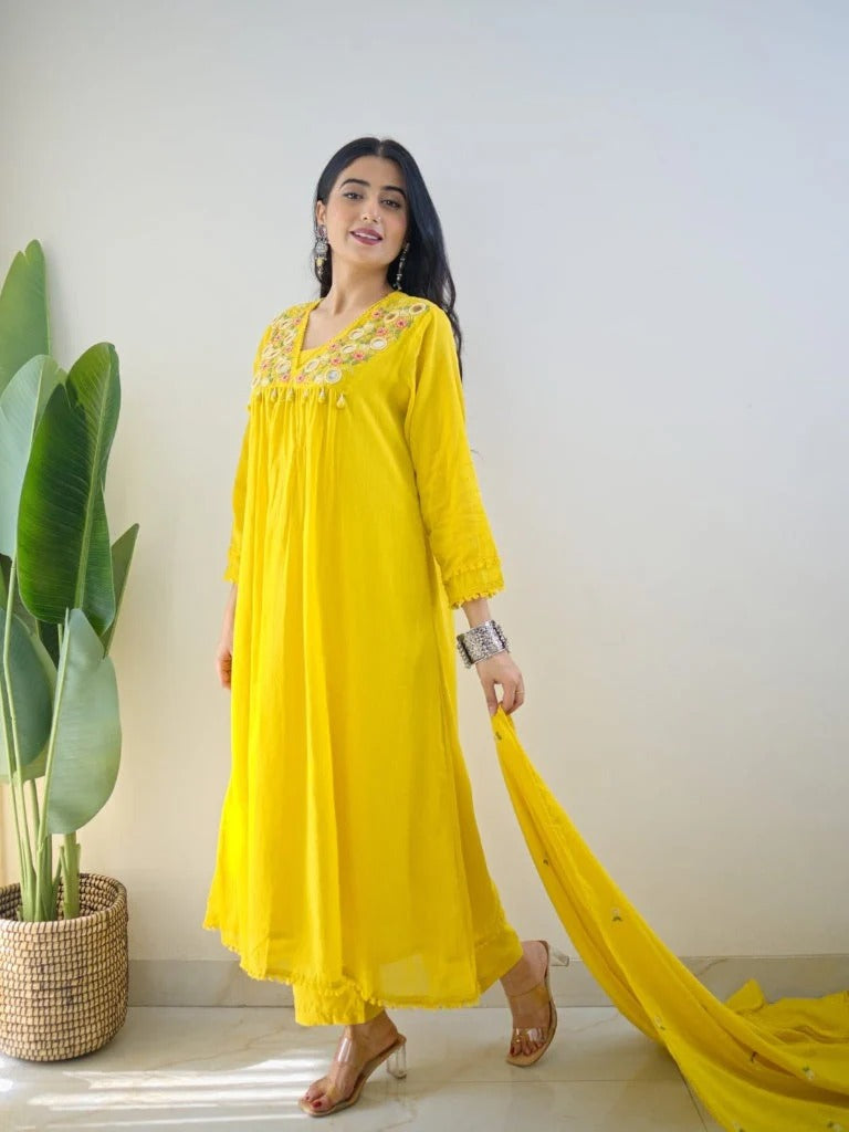 Teal Yellow Mirror Work Festive Kurta Set with Tassels for Women