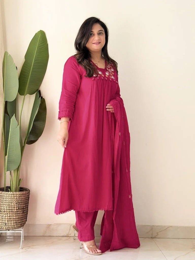 Teal Pink Mirror Work Festive Kurta Set with Tassels for Women