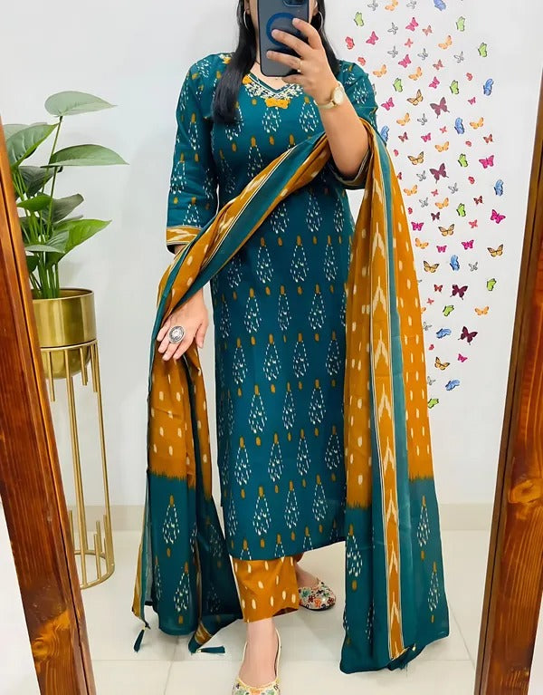 Pure-Cotton-Ikkat-Printed-Kurit-Set