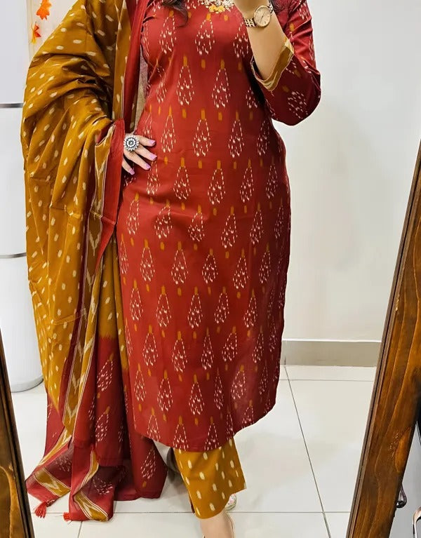 Pure-Cotton-Maroon-Ikkat-Kurti-Set