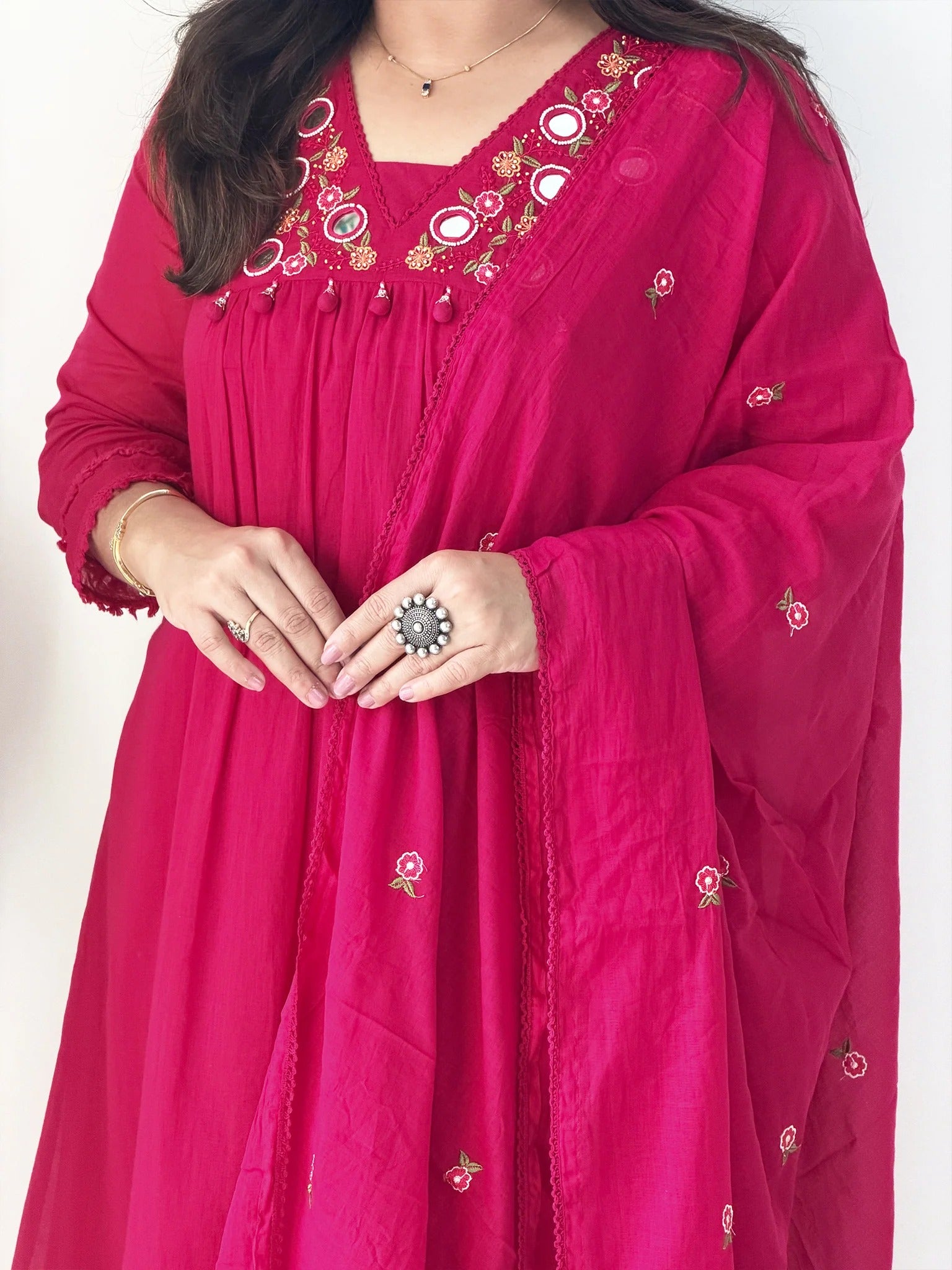 Teal Pink Mirror Work Festive Kurta Set with Tassels for Women