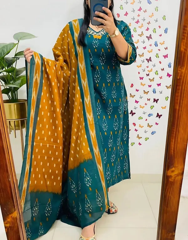 Pure-Cotton-Ikkat-Printed-Kurit-Set