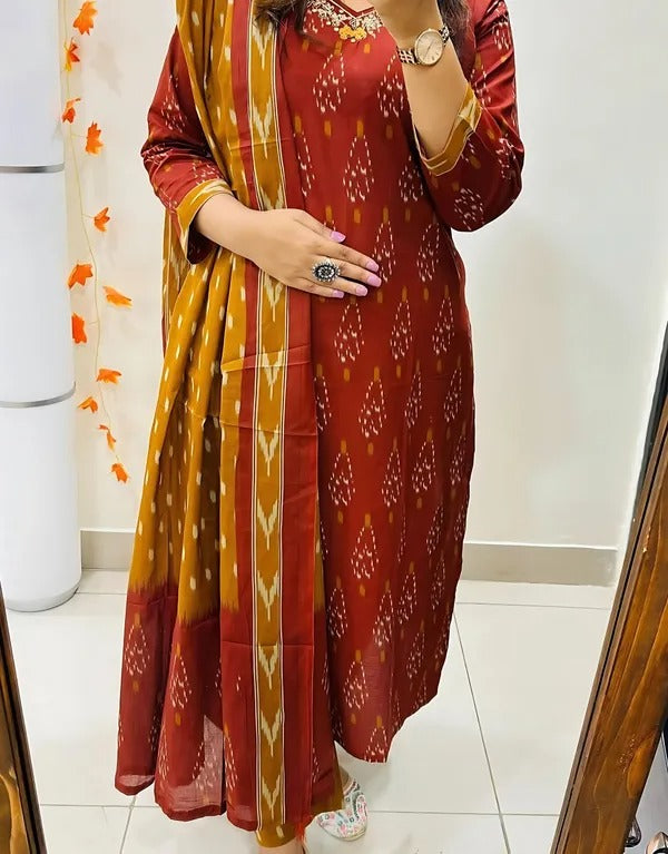 Pure-Cotton-Maroon-Ikkat-Kurti-Set