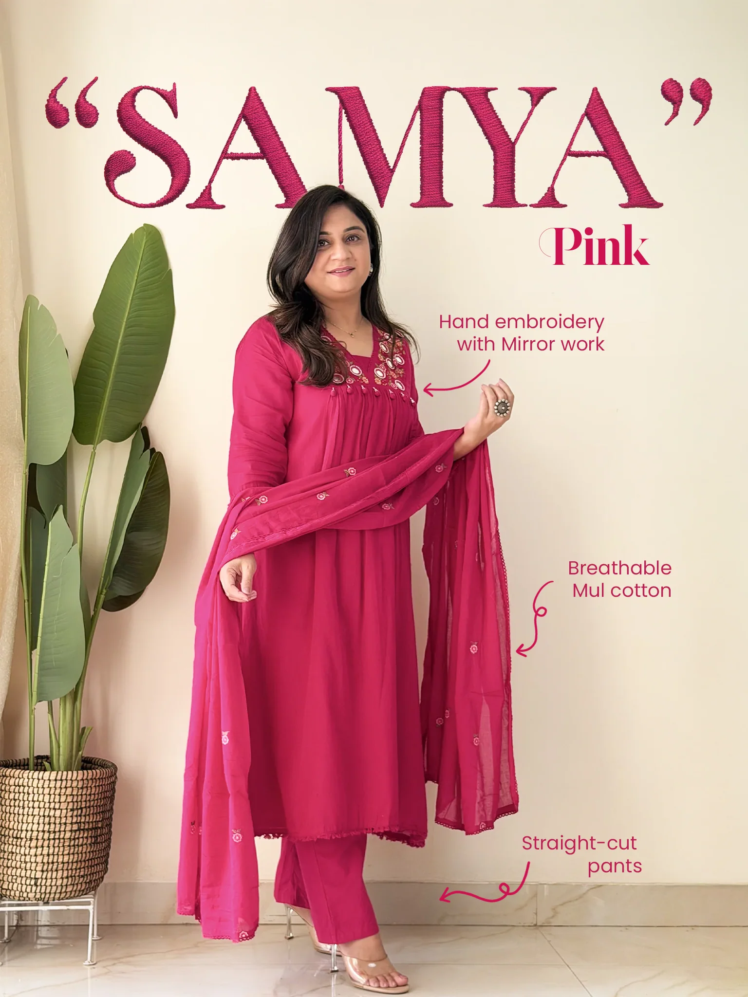 Teal Pink Mirror Work Festive Kurta Set with Tassels for Women