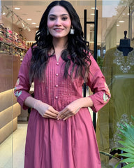 Pink Cotton Embroidery Kurta Pant with Mulmul Dupatta Set
