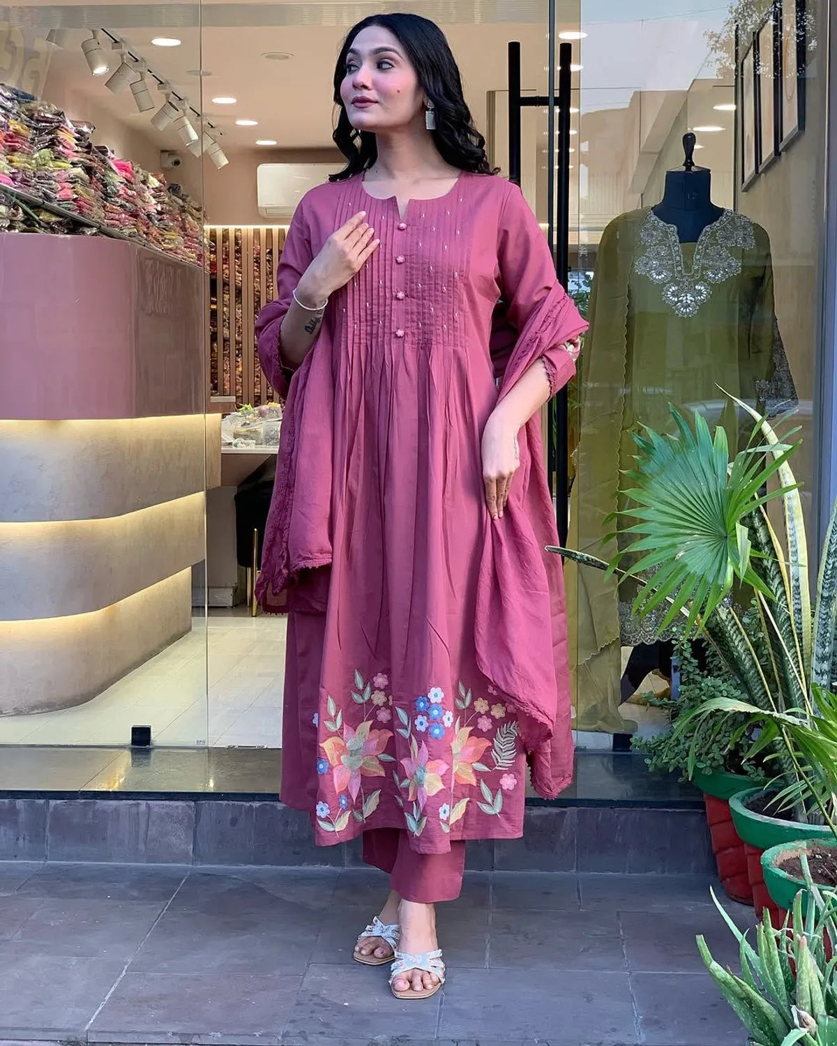 Pink Cotton Embroidery Kurta Pant with Mulmul Dupatta Set