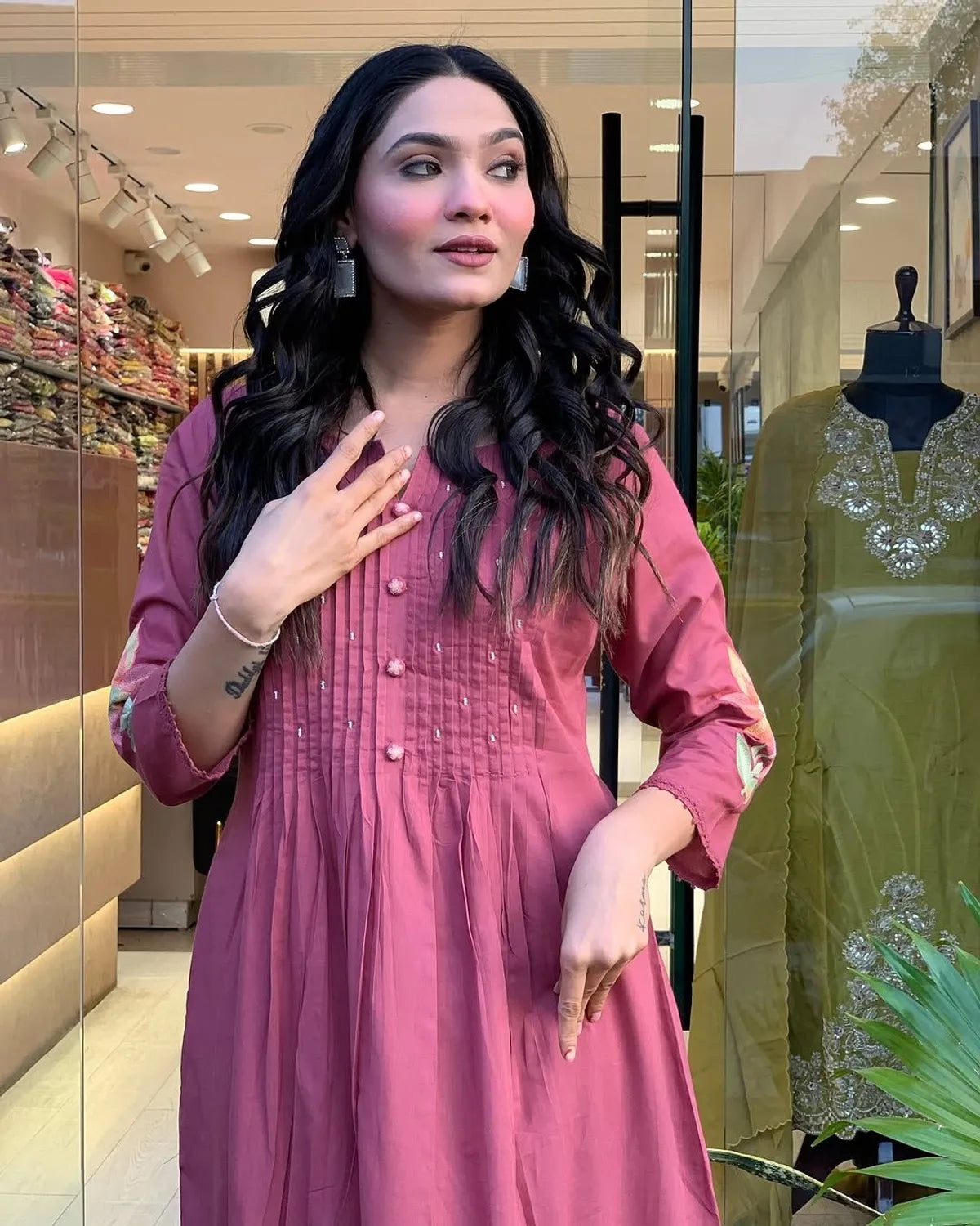 Pink Cotton Embroidery Kurta Pant with Mulmul Dupatta Set