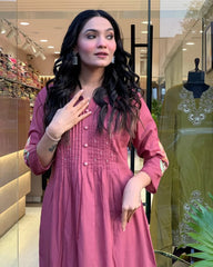 Pink Cotton Embroidery Kurta Pant with Mulmul Dupatta Set