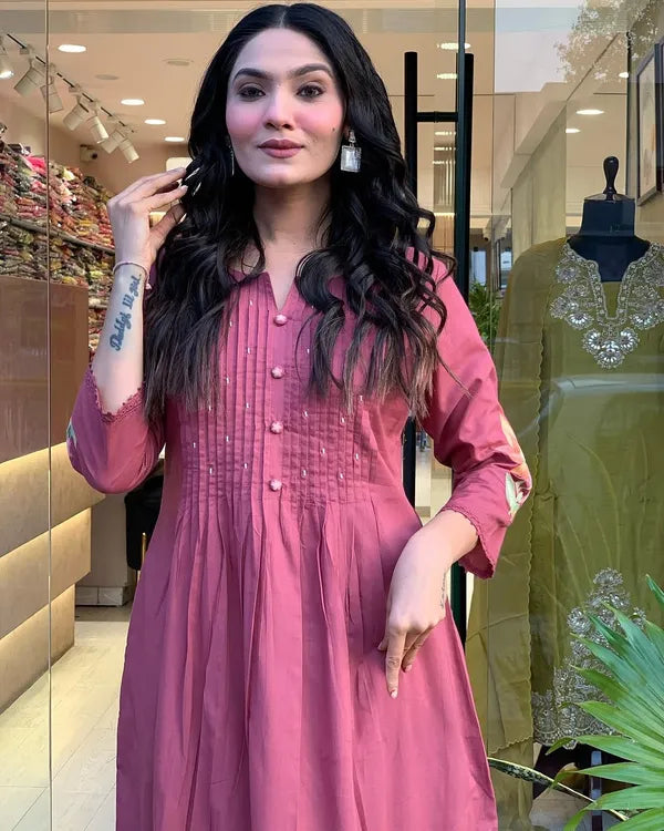 Pink Cotton Embroidery Kurta Pant with Mulmul Dupatta Set
