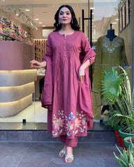 Pink Cotton Embroidery Kurta Pant with Mulmul Dupatta Set